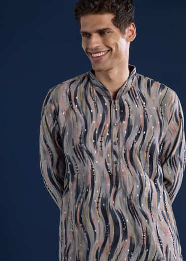 Grey Moti Embroidered Mens Kurta and Pant Set