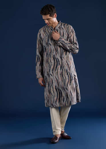 Grey Moti Embroidered Mens Kurta and Pant Set