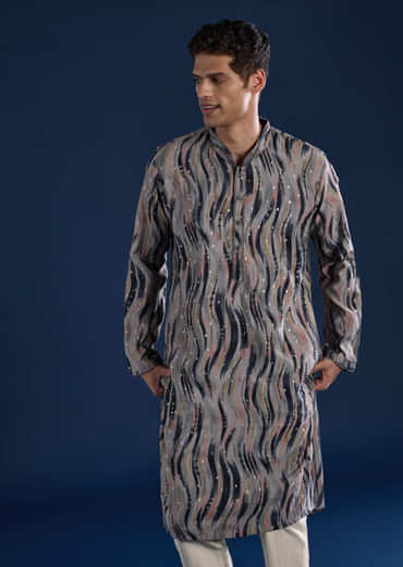 Grey Moti Embroidered Mens Kurta and Pant Set