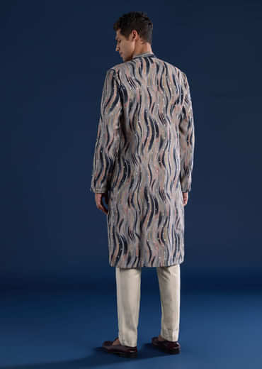Grey Moti Embroidered Mens Kurta and Pant Set