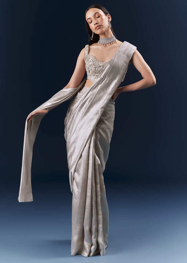 Grey Net Ready Pleated Saree With Embroidery