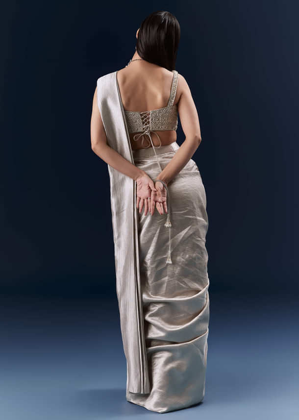 Grey Net Ready Pleated Saree With Embroidery