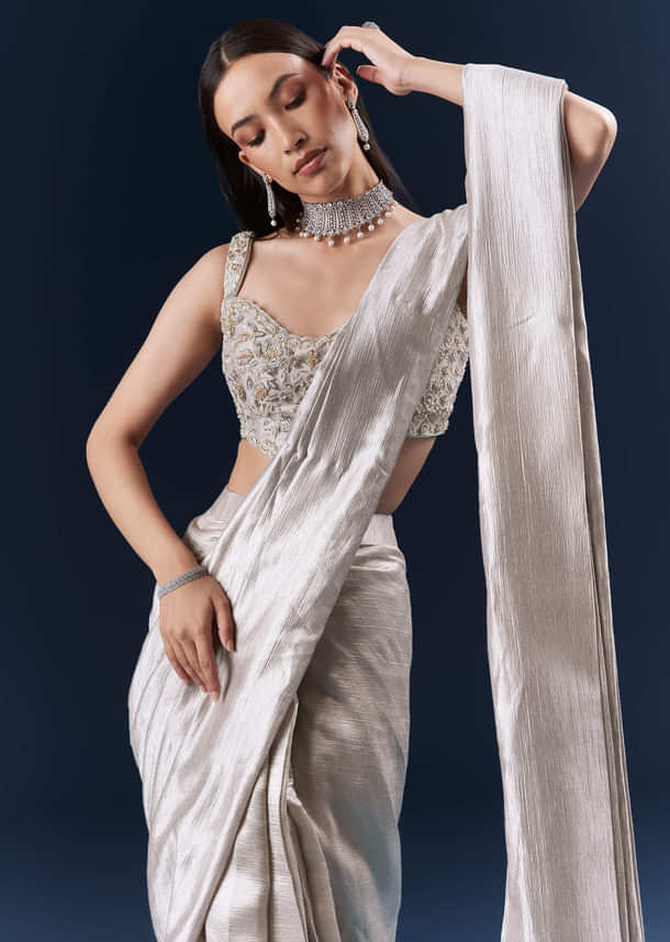 Grey Net Ready Pleated Saree With Embroidery