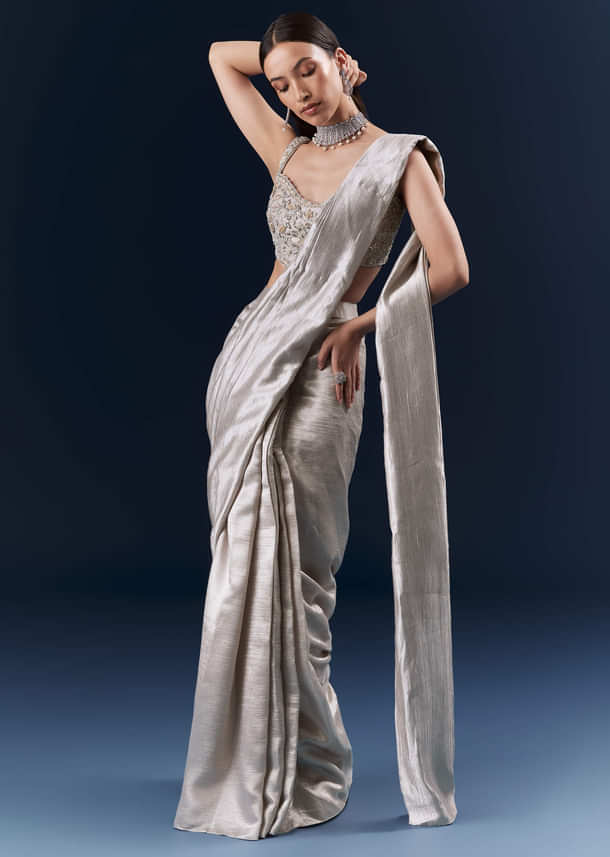 Grey Net Ready Pleated Saree With Embroidery