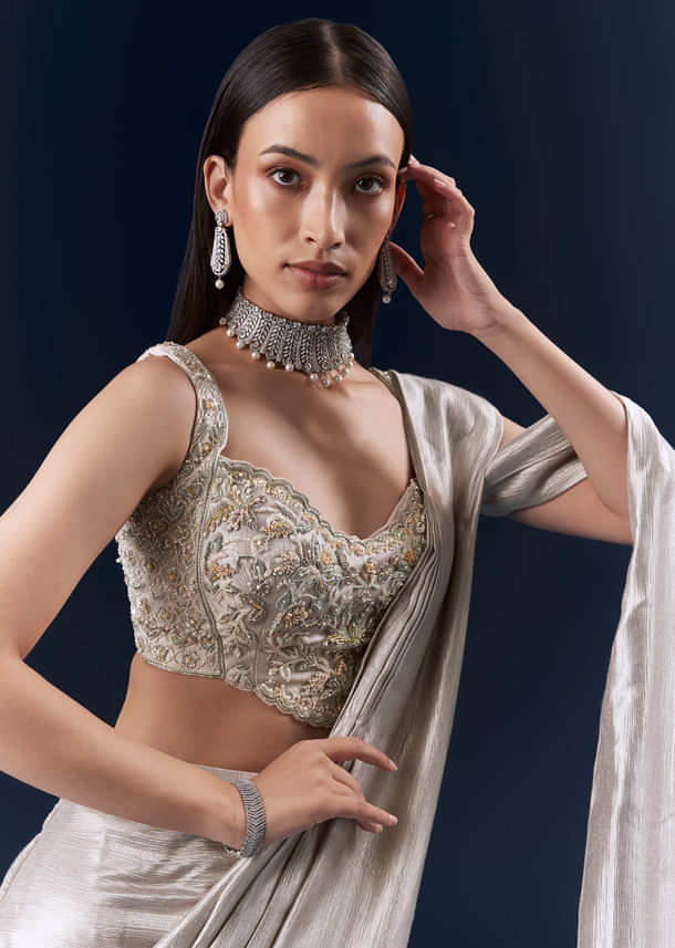 Grey Net Ready Pleated Saree With Embroidery