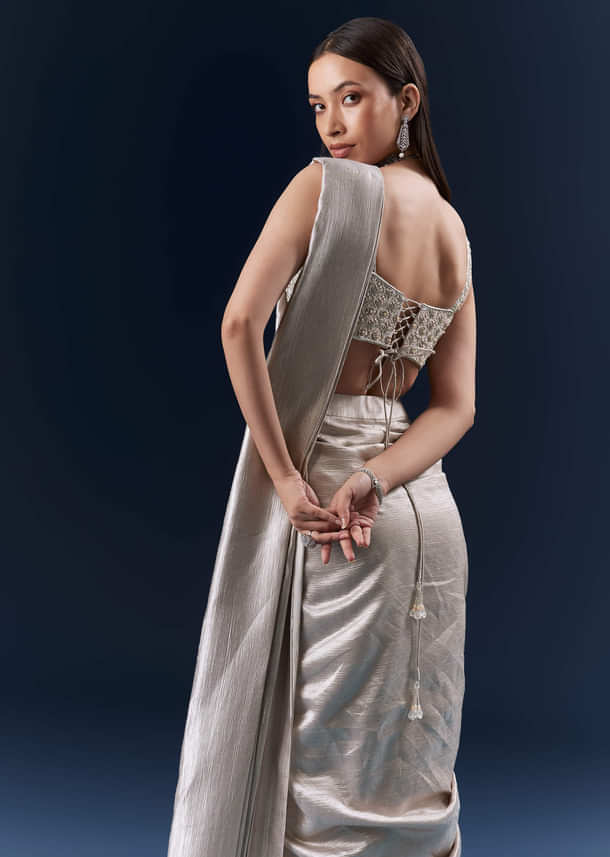 Grey Net Ready Pleated Saree With Embroidery