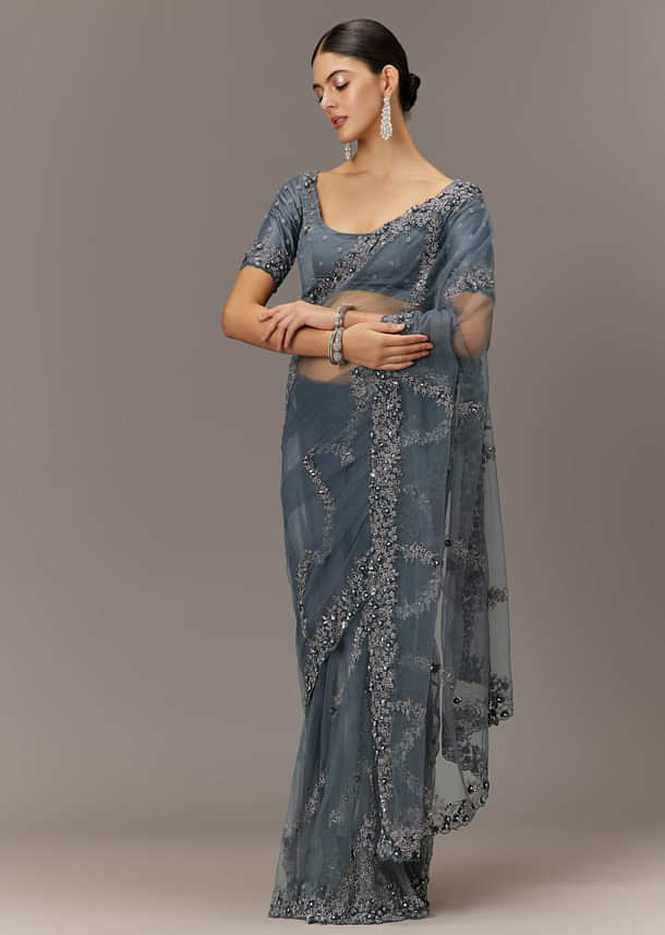 Grey Net Saree With All Over Heavy Embroidery And Net Blouse