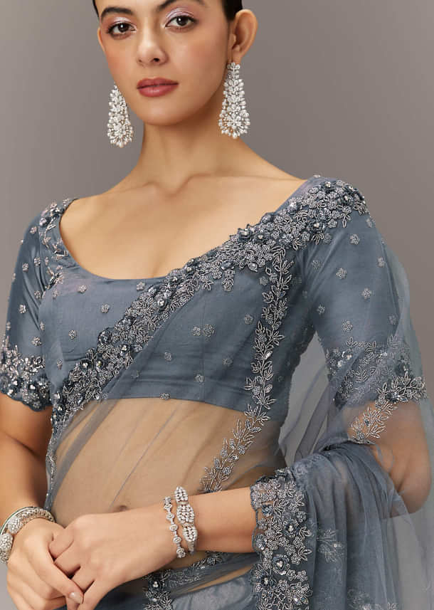 Grey Net Saree With All Over Heavy Embroidery And Net Blouse