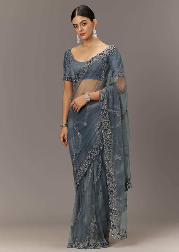 Grey Net Saree With All Over Heavy Embroidery And Net Blouse