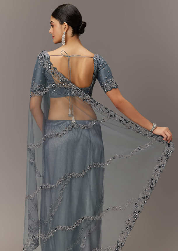 Grey Net Saree With All Over Heavy Embroidery And Net Blouse