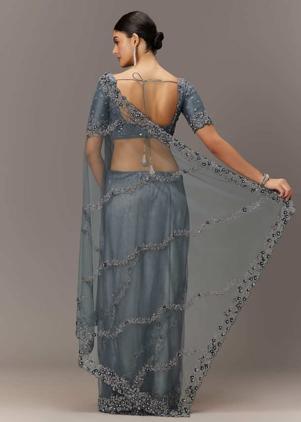 Grey Net Saree With All Over Heavy Embroidery And Net Blouse