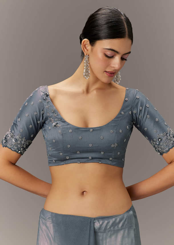 Grey Net Saree With All Over Heavy Embroidery And Net Blouse