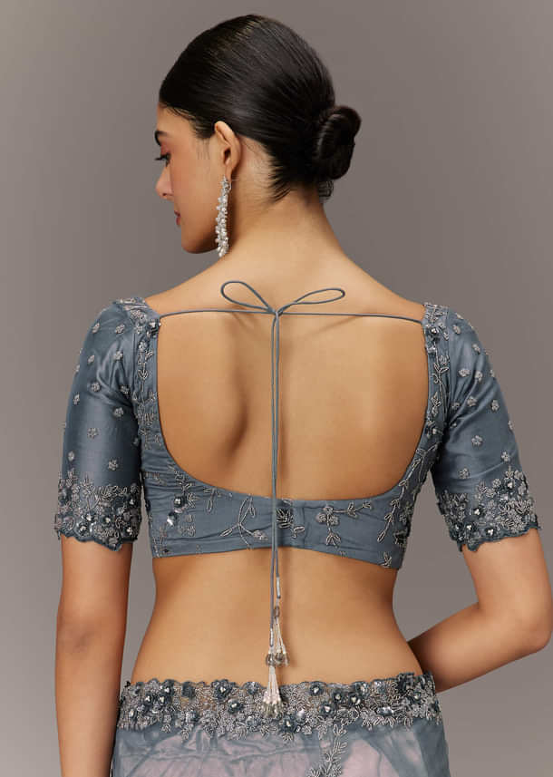 Grey Net Saree With All Over Heavy Embroidery And Net Blouse