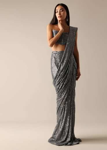 Grey Pleated Saree with A Corset Off-Shoulder Blouse
