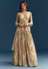 Grey Printed Chinon Anarkali Suit With Zari Work