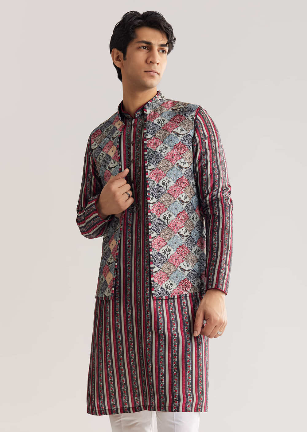 Grey Rawsilk Jacket Kurta Set With Cut Dana And Stone