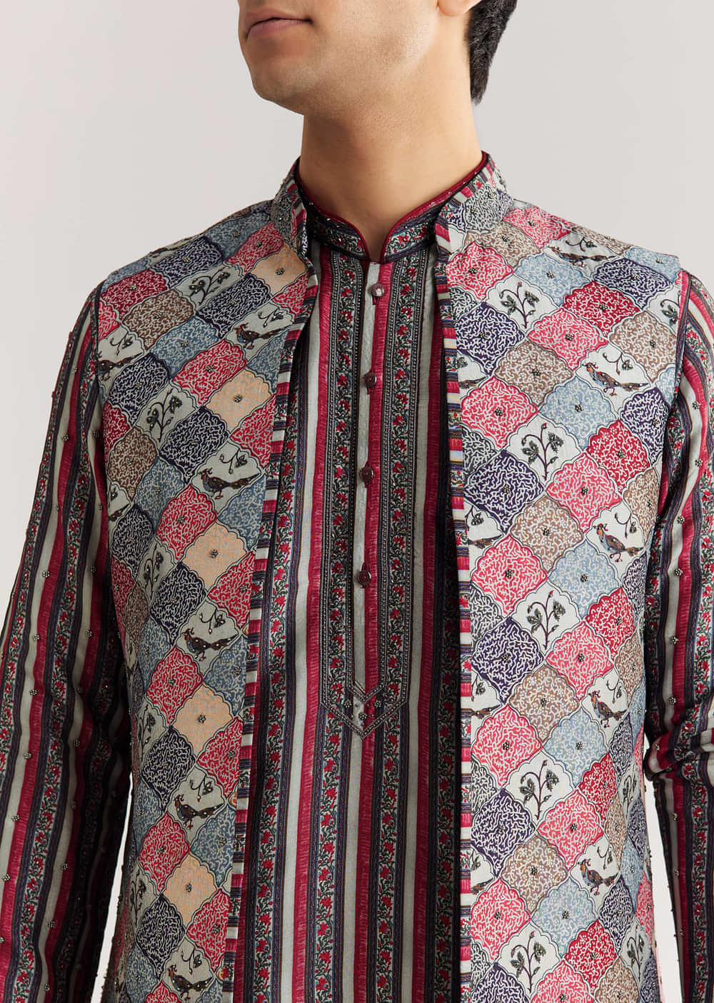 Grey Rawsilk Jacket Kurta Set With Cut Dana And Stone