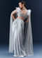 Grey Satin Crop Top And Skirt Set With Hand Embroidery
