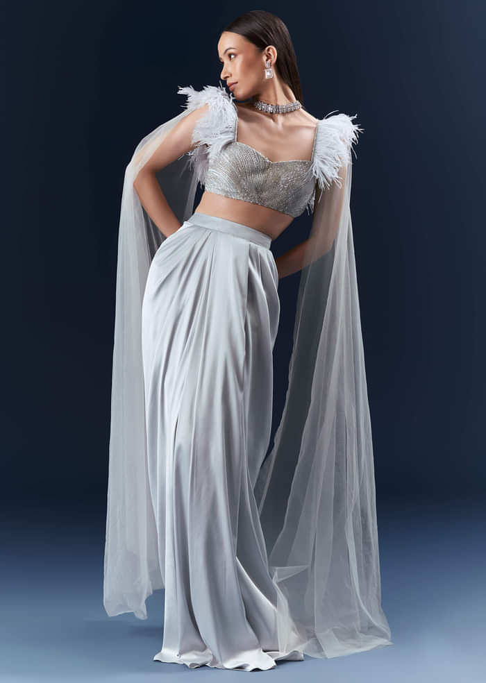 Grey Satin Crop Top And Skirt Set With Hand Embroidery