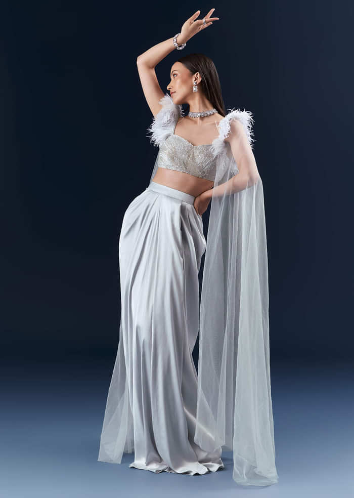 Grey Satin Crop Top And Skirt Set With Hand Embroidery