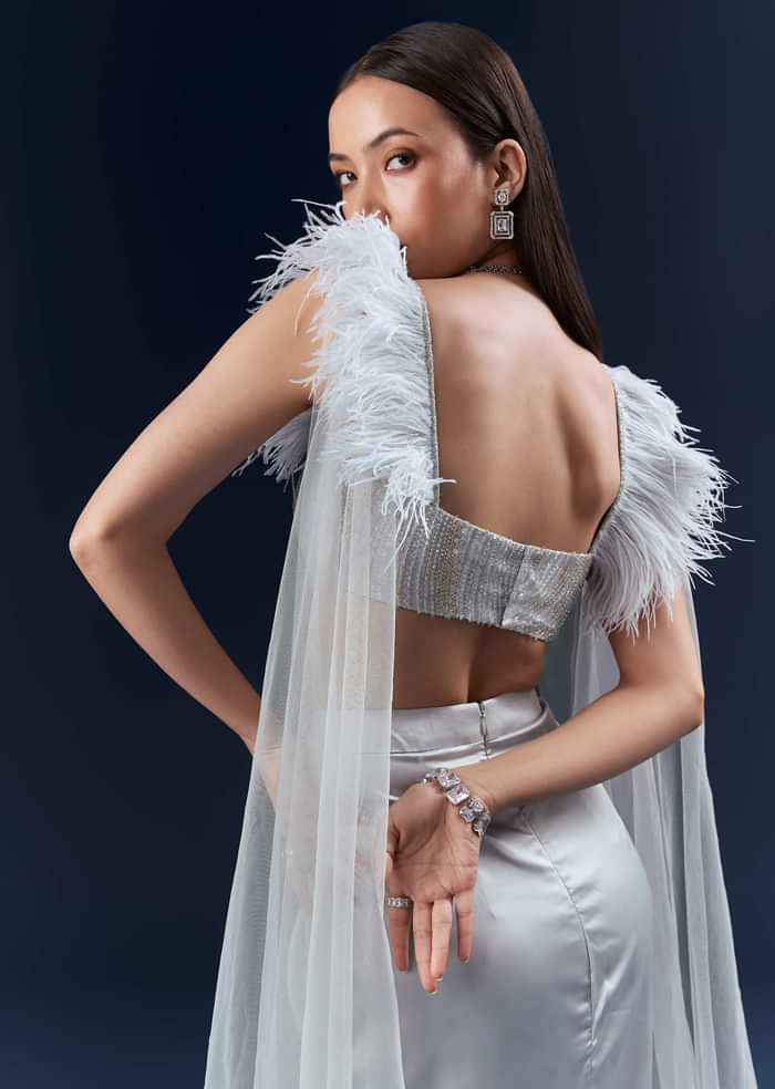 Grey Satin Crop Top And Skirt Set With Hand Embroidery