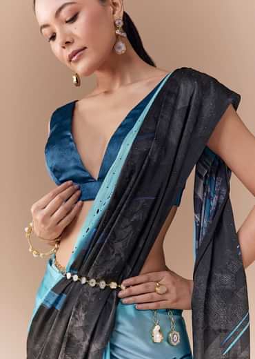 Grey Shaded Printed Satin Saree with Blouse Fabric