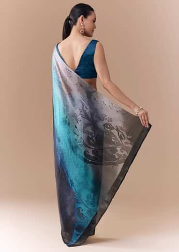 Grey Shaded Printed Satin Saree with Blouse Fabric