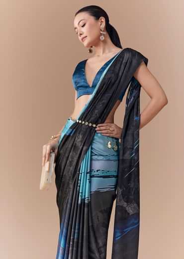 Grey Shaded Printed Satin Saree with Blouse Fabric