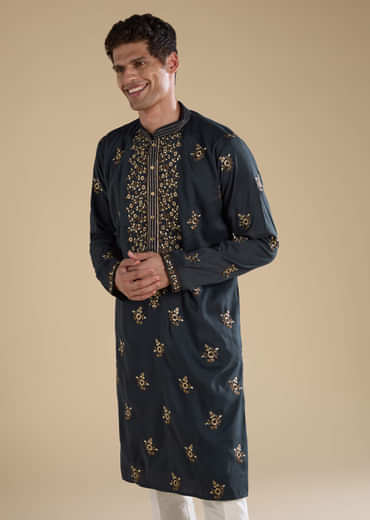 Grey Silk Embellished Mens Kurta and Pant Set