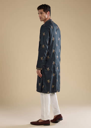 Grey Silk Embellished Mens Kurta and Pant Set