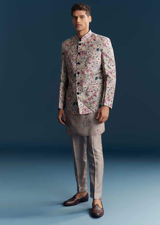 Grey Silk Kurta Jacket Set For Men With Floral Print And Sequins Grey Silk Kurta Jacket Set For Men With Floral Print And Sequins