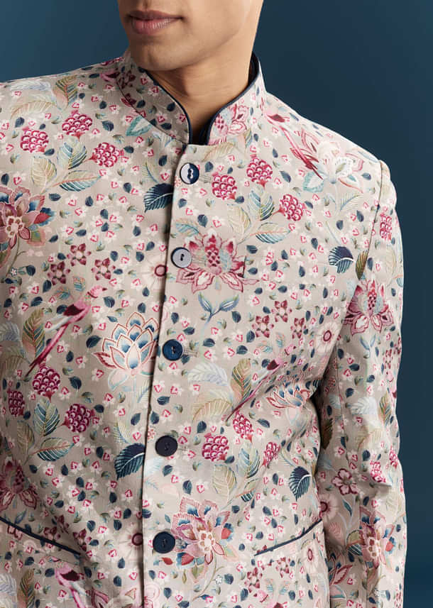 Grey Silk Kurta Jacket Set For Men With Floral Print And Sequins Grey Silk Kurta Jacket Set For Men With Floral Print And Sequins