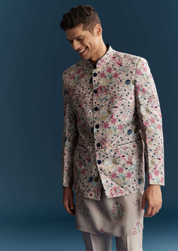 Grey Silk Kurta Jacket Set For Men With Floral Print And Sequins Grey Silk Kurta Jacket Set For Men With Floral Print And Sequins