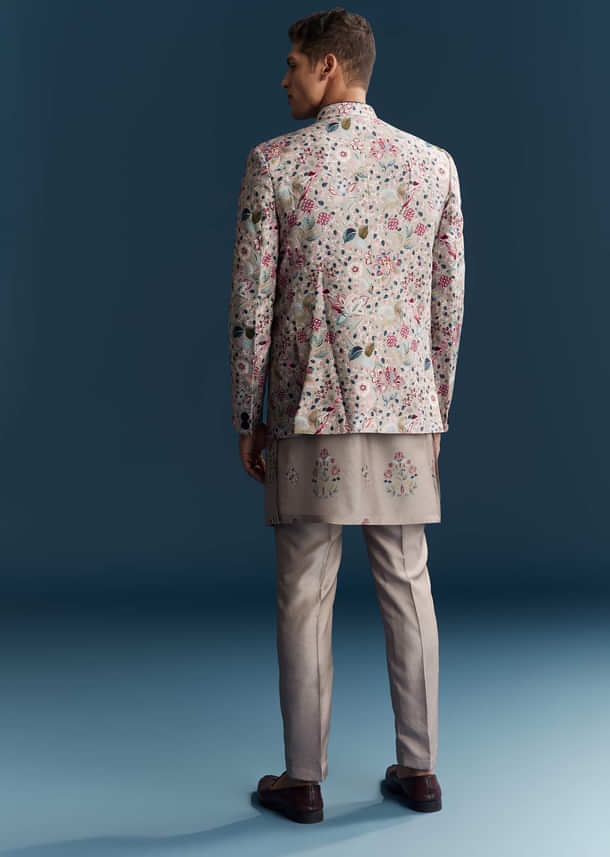 Grey Silk Kurta Jacket Set For Men With Floral Print And Sequins Grey Silk Kurta Jacket Set For Men With Floral Print And Sequins