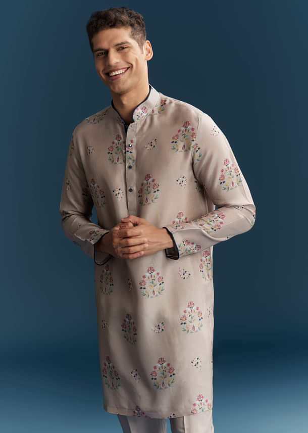 Grey Silk Kurta Jacket Set For Men With Floral Print And Sequins Grey Silk Kurta Jacket Set For Men With Floral Print And Sequins