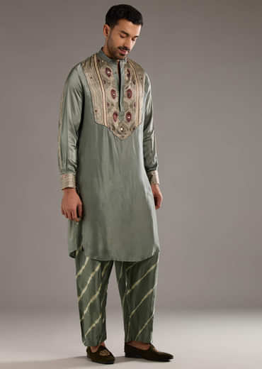 Grey Silk Kurta Set For Men With Hand Dyed Leheriya Print