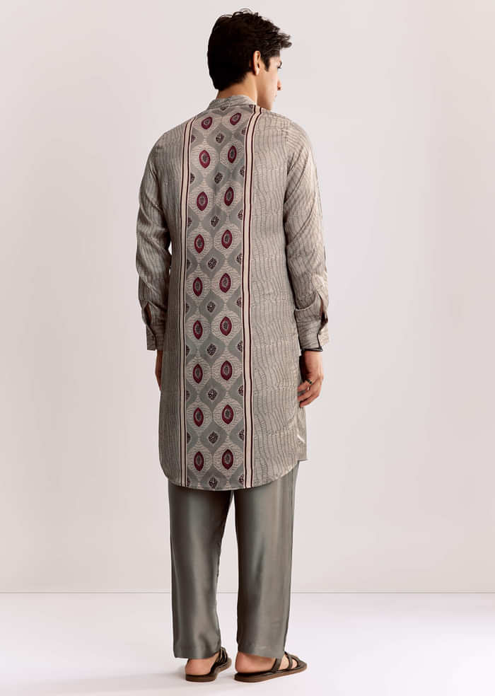 Grey Ajrakh Printed Kurta Set In Silk