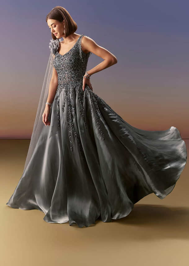 Grey Sleeveless Gown With Soft Net Trail And Shimmer
