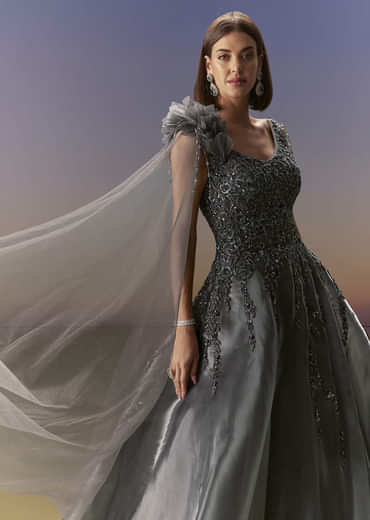 Grey Sleeveless Gown With Soft Net Trail And Shimmer