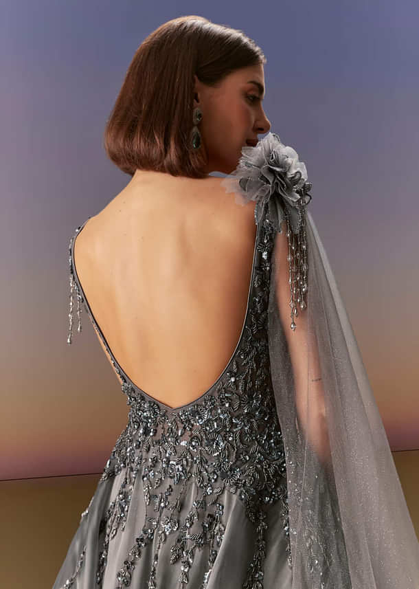 Grey Sleeveless Gown With Soft Net Trail And Shimmer