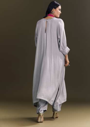 Grey Solid Kurta Pant Set With Pink Beaded Neckpiece