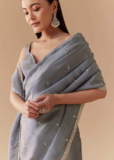 Grey Tissue Cutdana Embroidered Saree with Unstitched Blouse