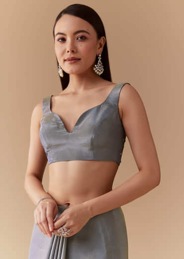 Grey Tissue Cutdana Embroidered Saree with Unstitched Blouse