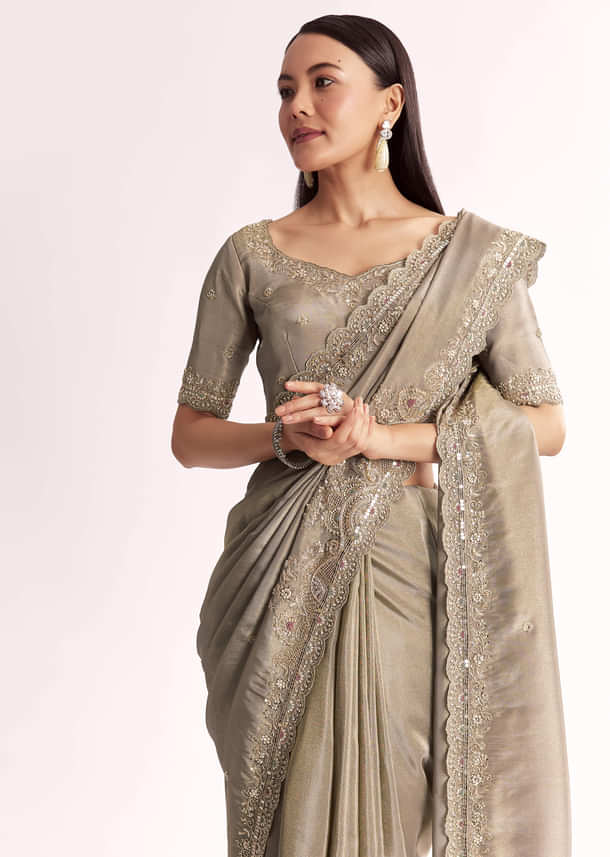 Grey Tissue Saree With Cutdana Sequins Beads And Resham Embroidery