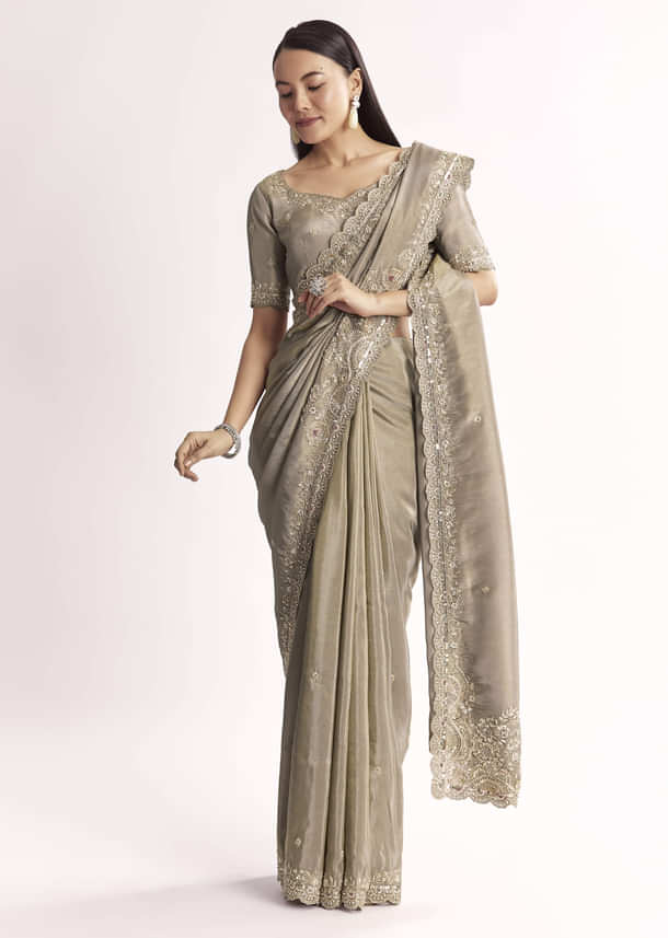 Grey Tissue Saree With Cutdana Sequins Beads And Resham Embroidery