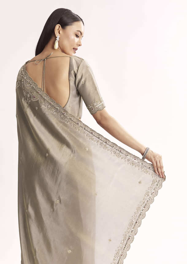 Grey Tissue Saree With Cutdana Sequins Beads And Resham Embroidery