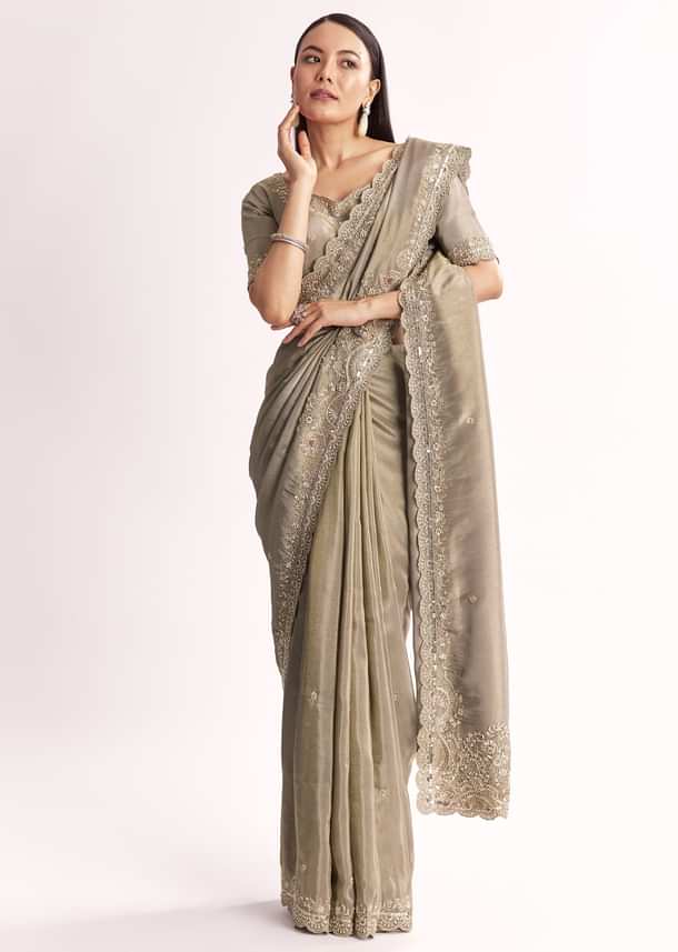 Grey Tissue Saree With Cutdana Sequins Beads And Resham Embroidery