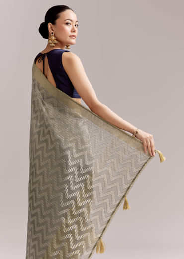 Grey Tissue Silk Woven Saree With Zig Zag Motif And Zari Border