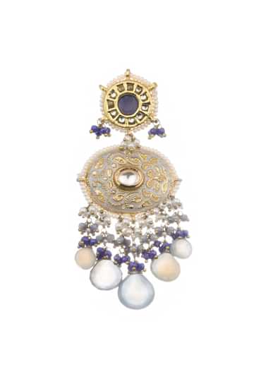 Grey And Blue Kundan Mix Metal Dangler Earrings