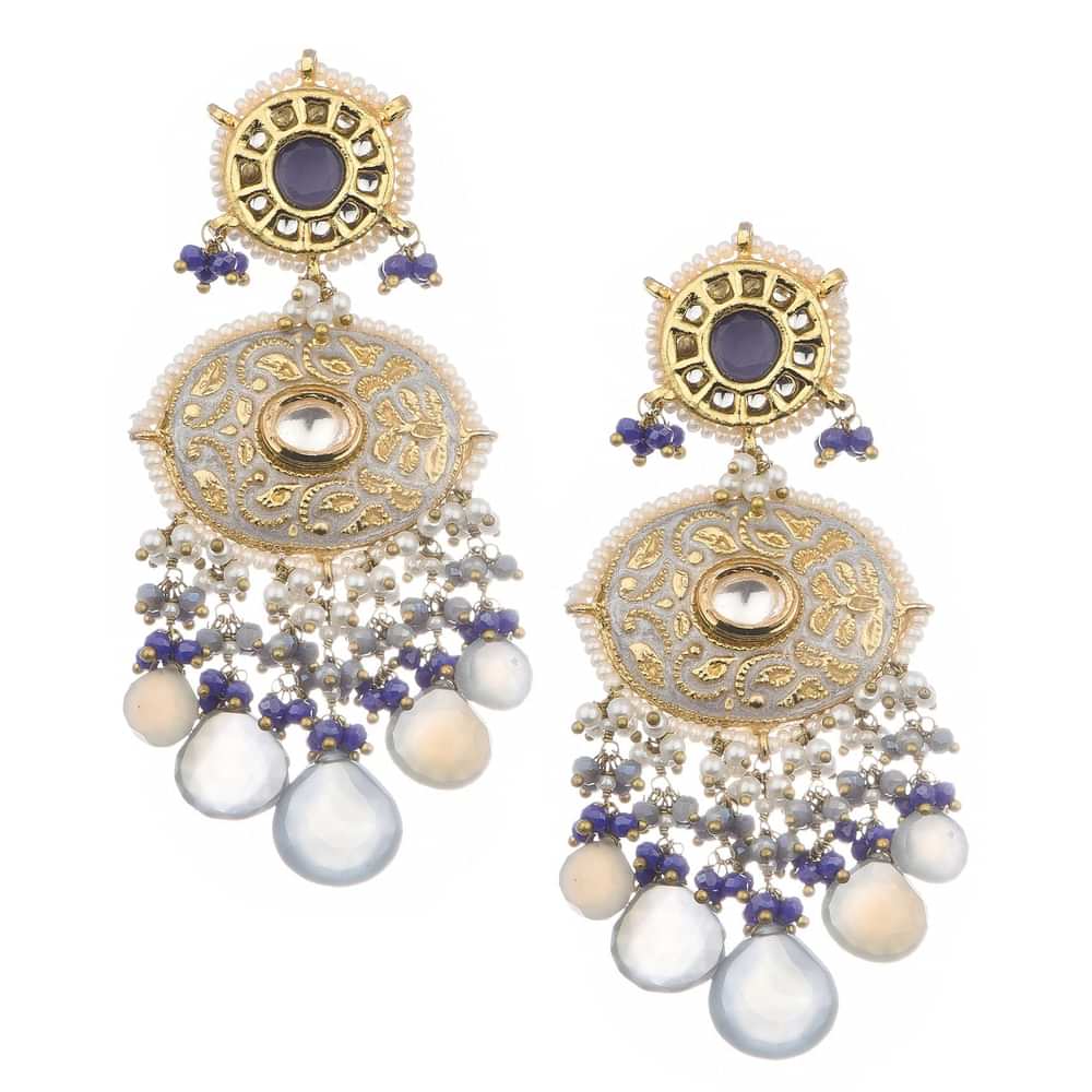Grey And Blue Kundan Mix Metal Dangler Earrings